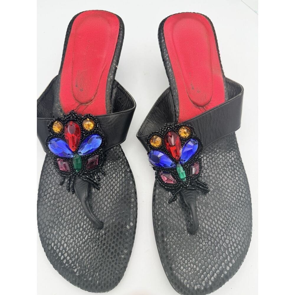 VTG Norman Kaplan Las Vegas Jeweled Mules 7-7.5 Black Snake Skin Showgirl Glam